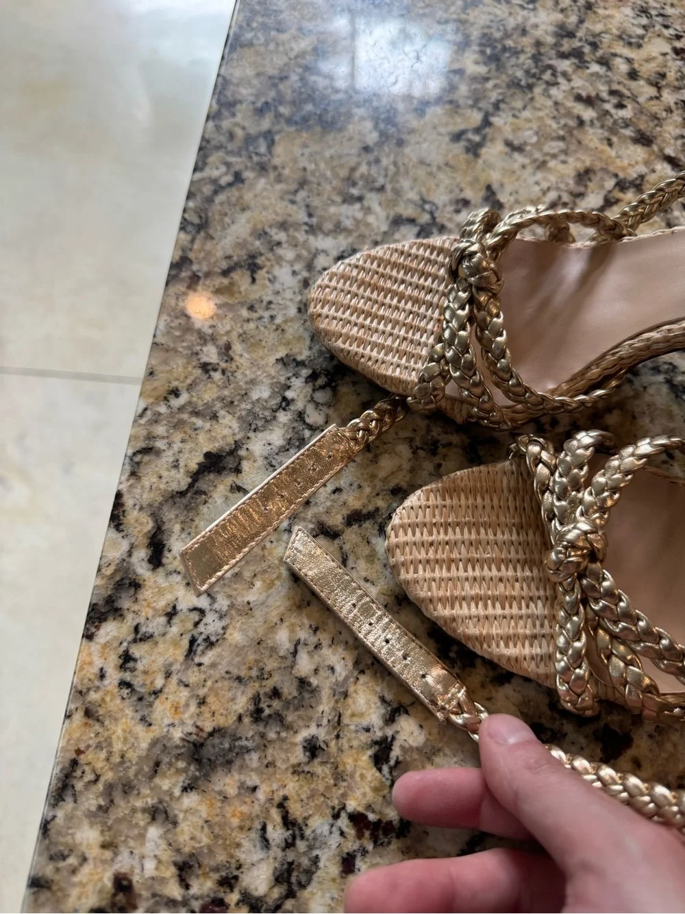 SHU SHOP Helen Gold Braided Raffia Block Heel Sandals